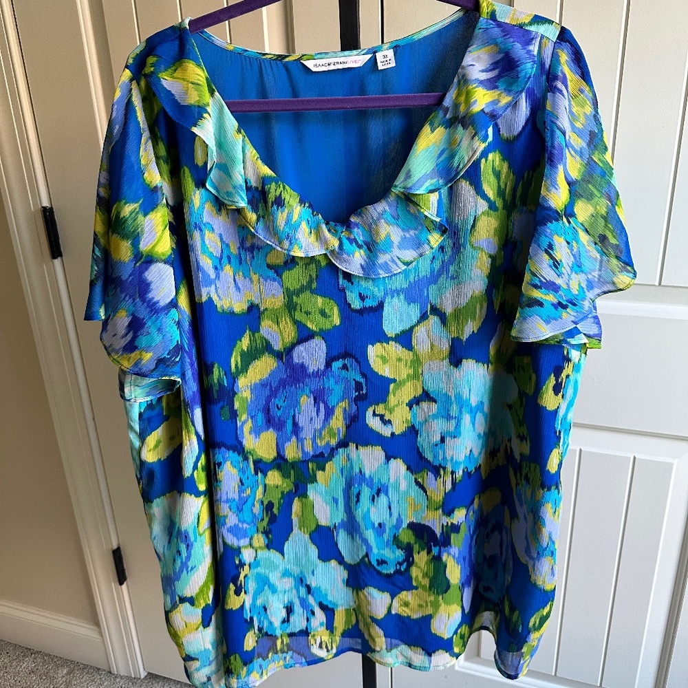 Isaac Mizrahi Plus Size Blue/Purple/Yellow Ruffle Neckline Short Sleeve Top 3X